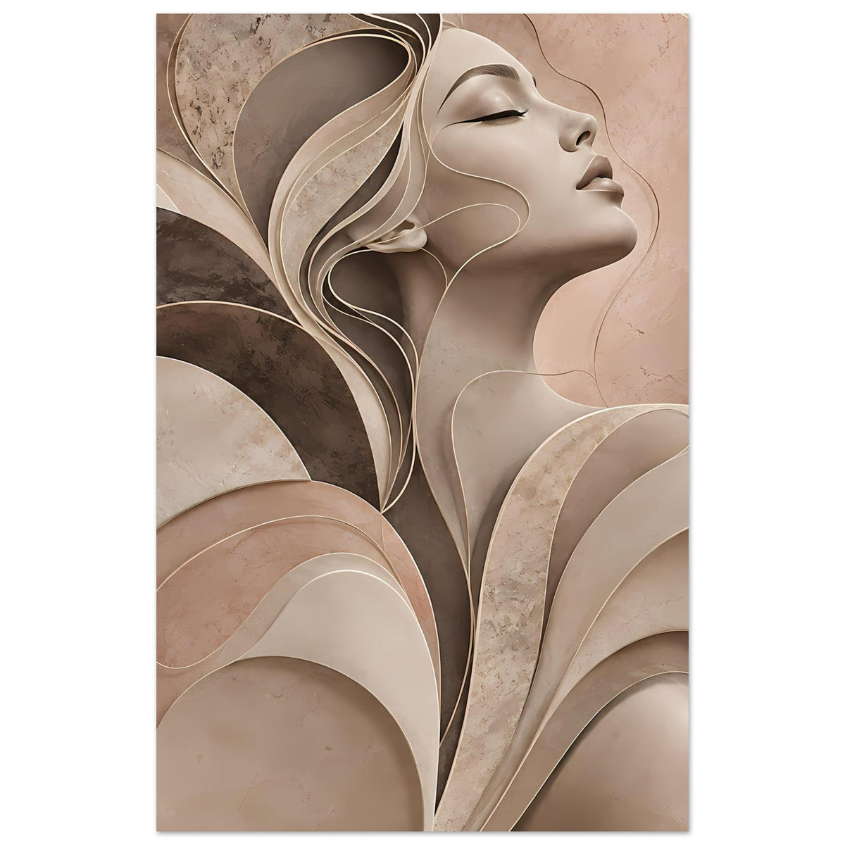 Abstraktes Poster: Frauenprofil im Reliefstil, stilisierte Schleifen in Beige und Braun.
