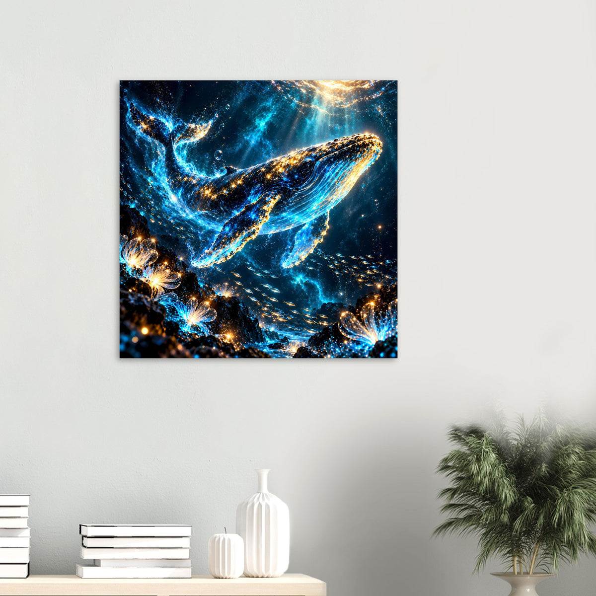 Wandposter mit Walen im Leuchtmeer-Look, blau leuchtende Wellenlinien und goldene Lichtspuren