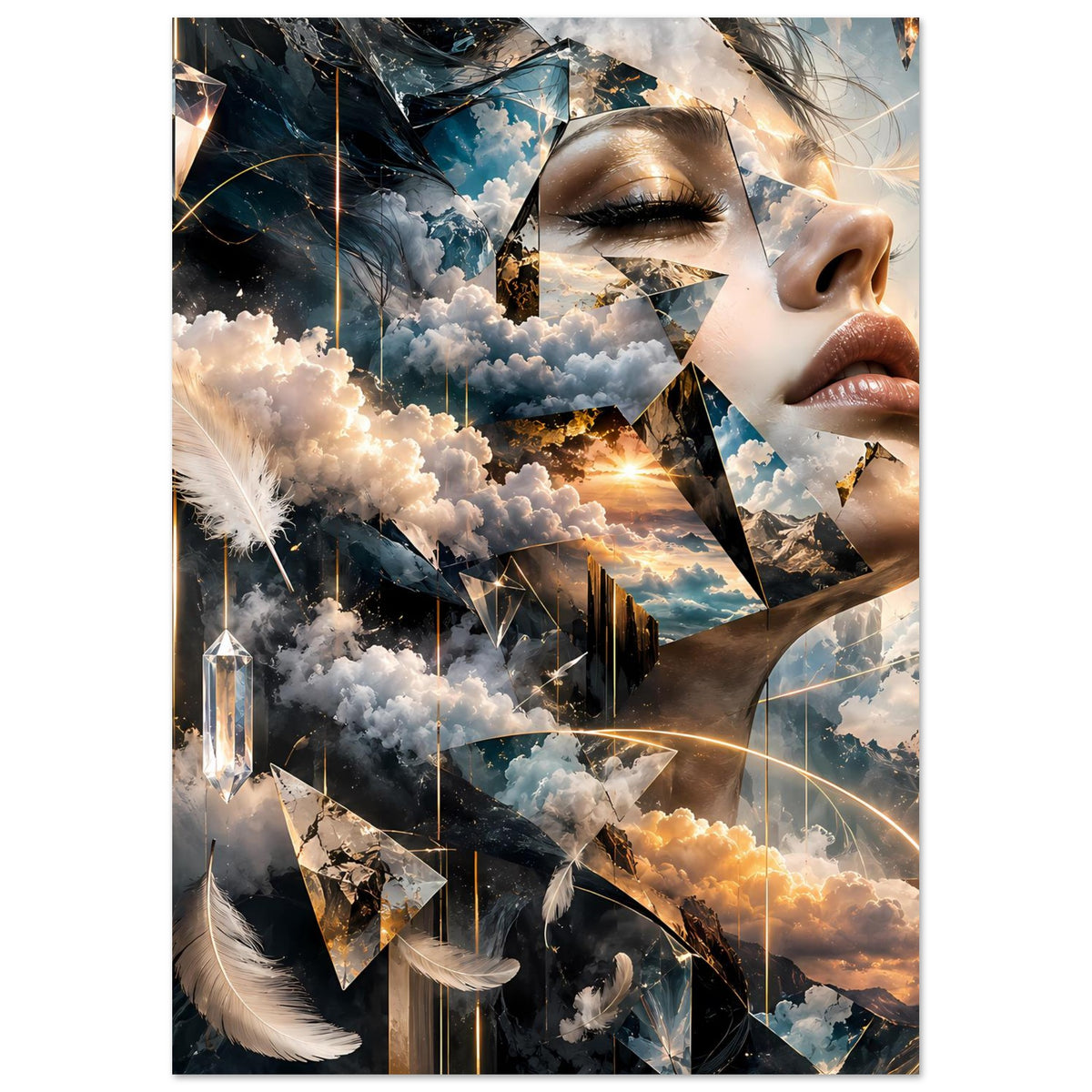 Surrealer Traumlandschafts-Poster im Hochformat, Frauenprofil und Wolken mit goldenen Akzenten