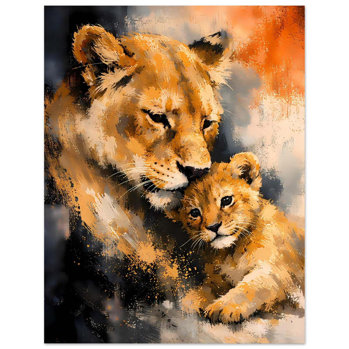 Poster im Hochformat mit Löwin und Jungtier, orange-beige Pinselabstraktion