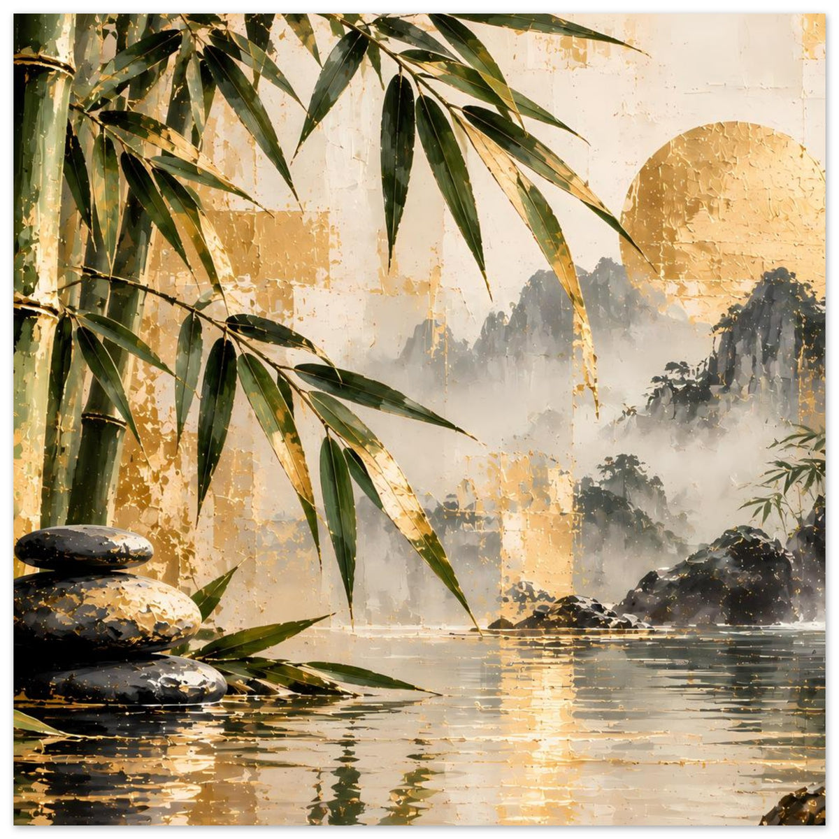 Wandposter mit Bambuslaub, Wasservorhang im Hintergrund, goldener Himmel und ruhiger Fluss