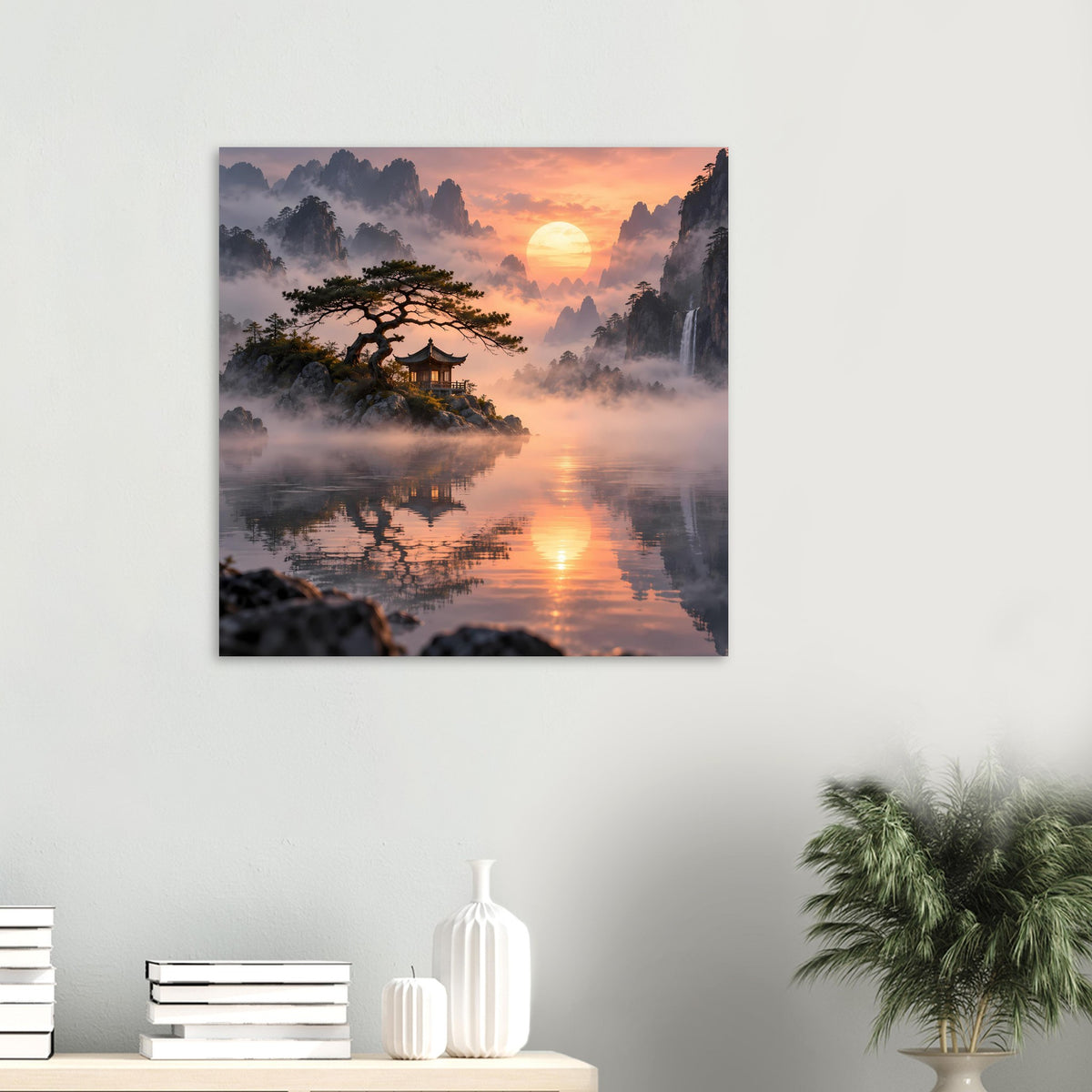 Kleines Poster: goldene Sonne über nebligem See, Pagode, Baum und Bergkulisse im Hintergrund