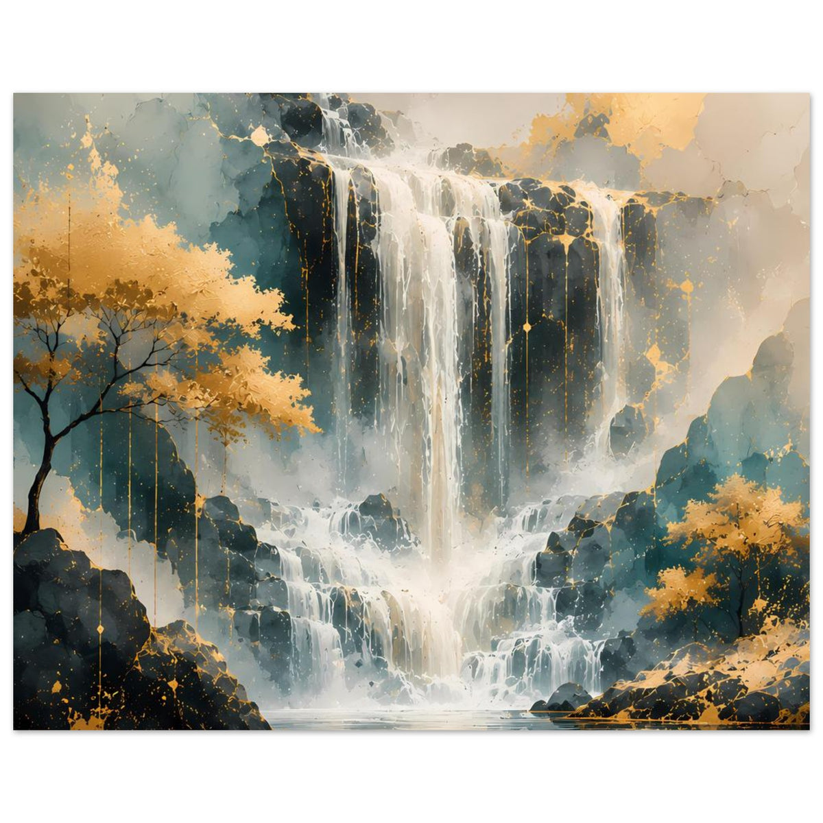 Poster mit Wasserfall und Ufersee, goldene Baumkronen, blaugrüne Landschaftsfarben