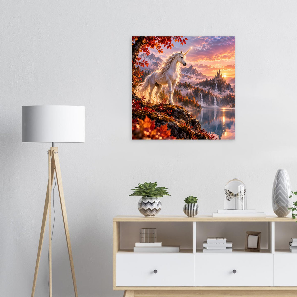 Quadratisches Einhorn-Fantasyposter mit goldenem Einhorn vor Wald und See bei Abendsonne