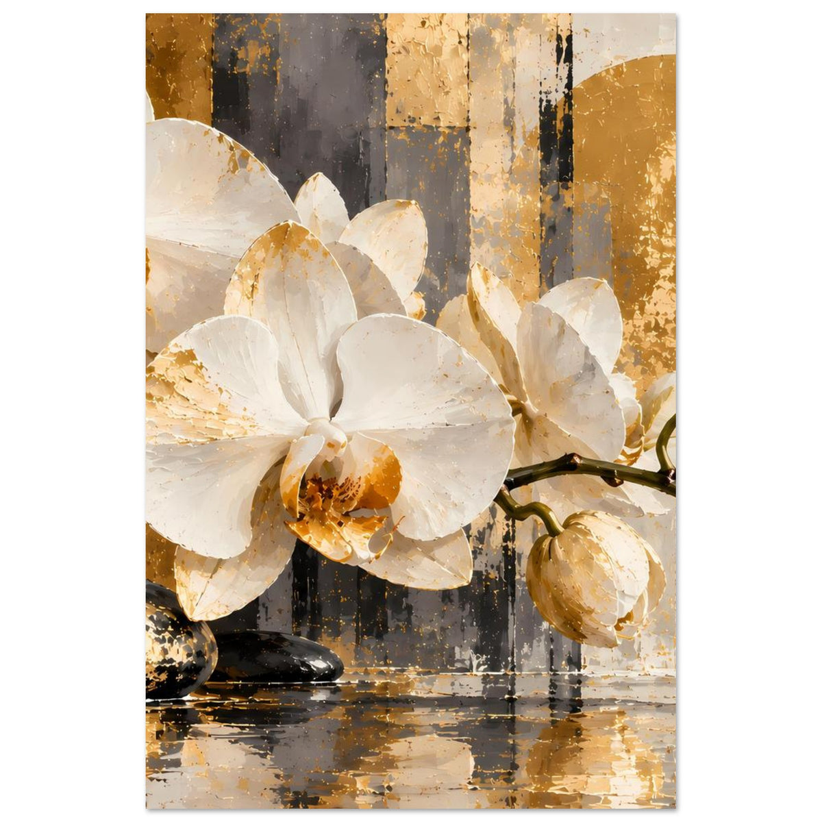 Orchideenposter im Hochformat: weiße Blüten, gold-braune Textur und schwarze Steinflächen