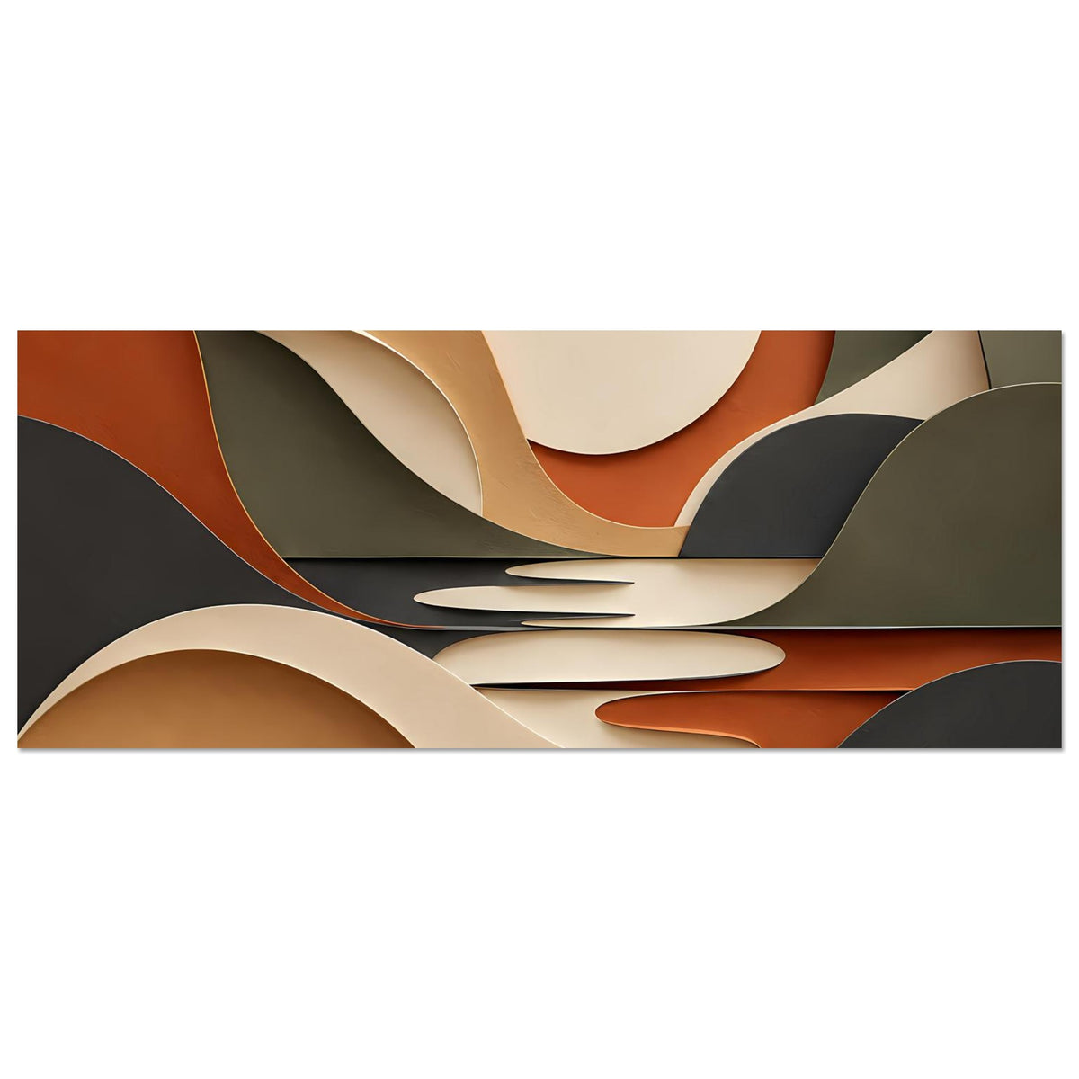 Horizontales Kunstposter mit abstrakten Kurven und Kreisformen in Terrakotta und Salbeigrün