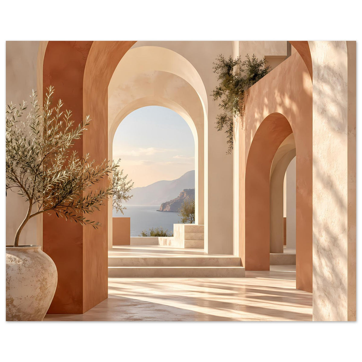 Wandposter: mediterraner Arkadengang mit mehreren Bögen, Pflanzen und Blick ins Tal