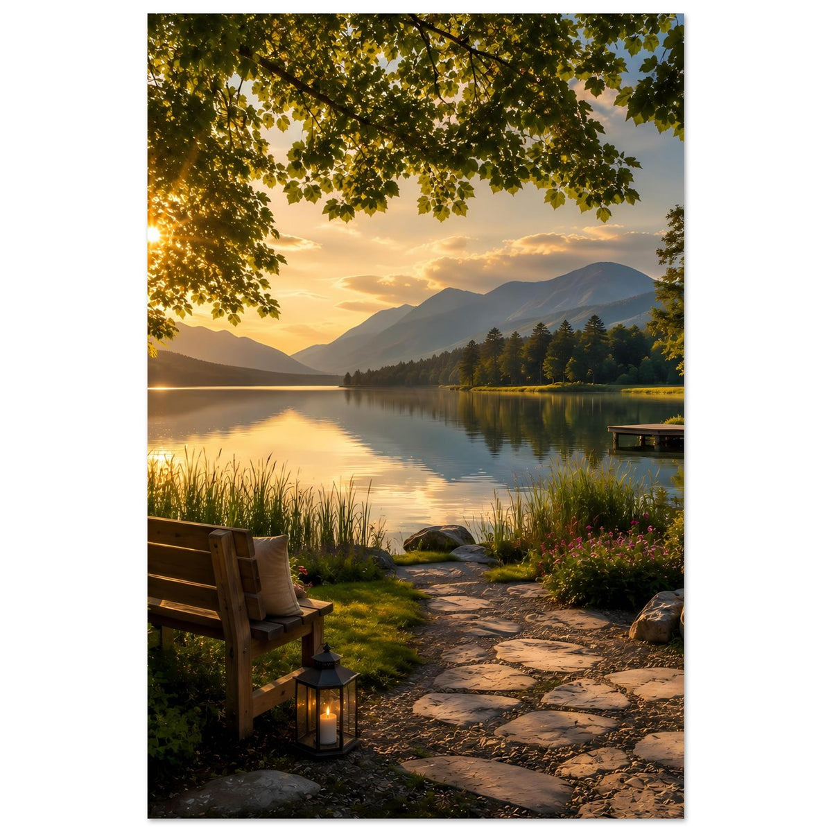 Vertikales Naturposter mit See, Bergsilhouette, Bank links und Natursteinpfad am Ufer
