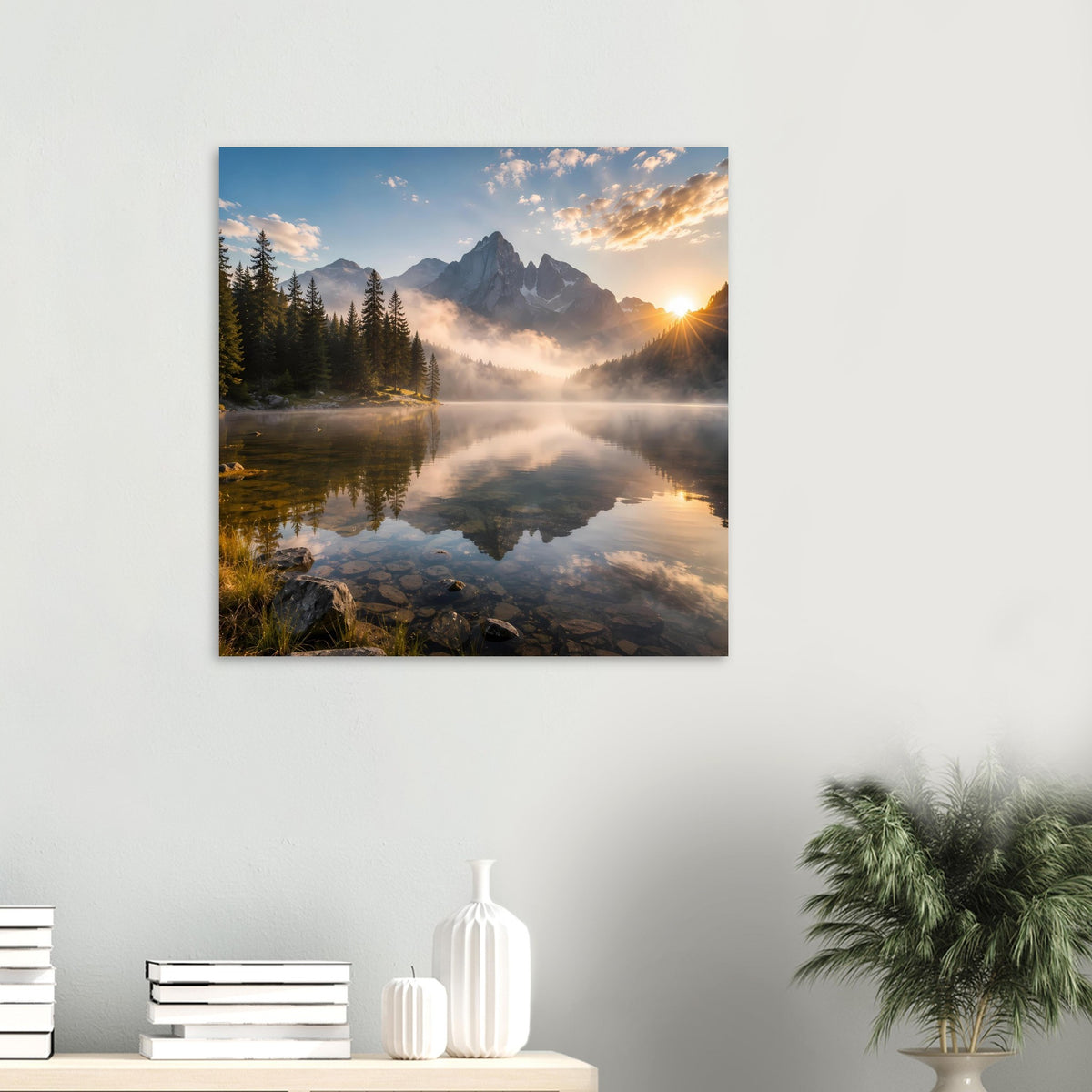 Gerahmtes quadratisches Poster mit Bergsee, Nebel und Sonnenuntergang im Abendlicht.