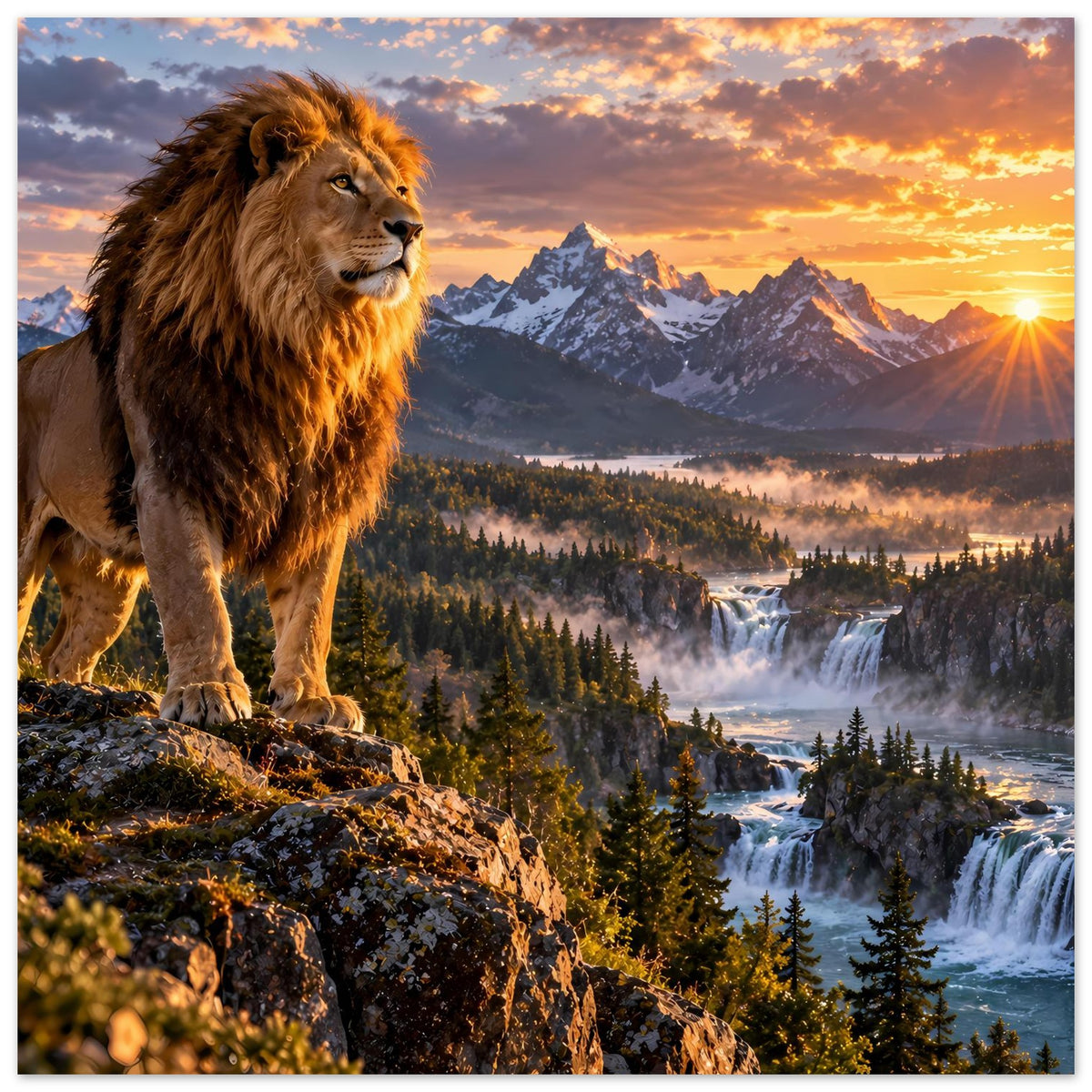 Löwenmotiv Poster im Hochformat: Löwe im Vordergrund, Sonnenaufgang über verschneiten Bergen