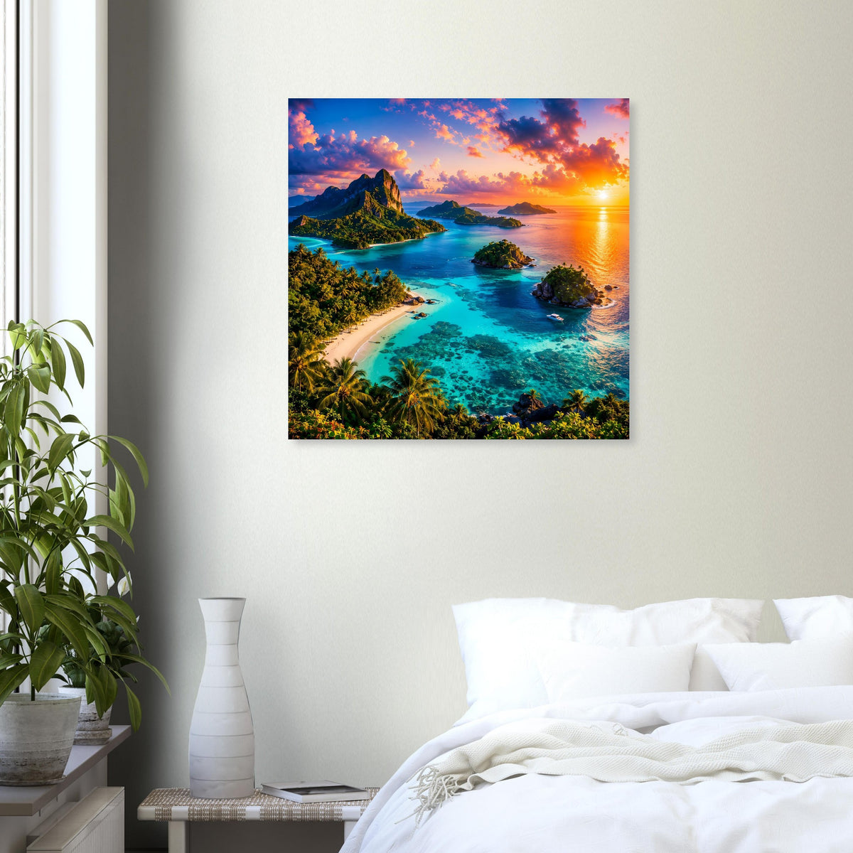 Gerahmtes, quadratisches Wandposter mit türkisblauem Wasser und Sonnenuntergang