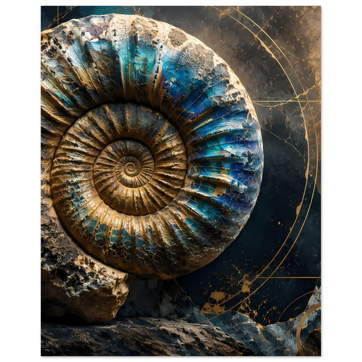 Kunstposter mit Ammonit-Fossil, petrolblau und gold, mit goldenen Dekorlinien