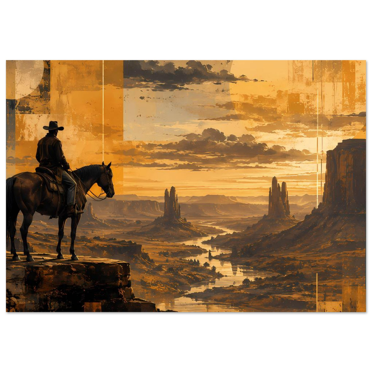 Horizontales Poster: Cowboy auf Pferd, Wüste mit Felsnadeln und Sonnenuntergang am Horizont