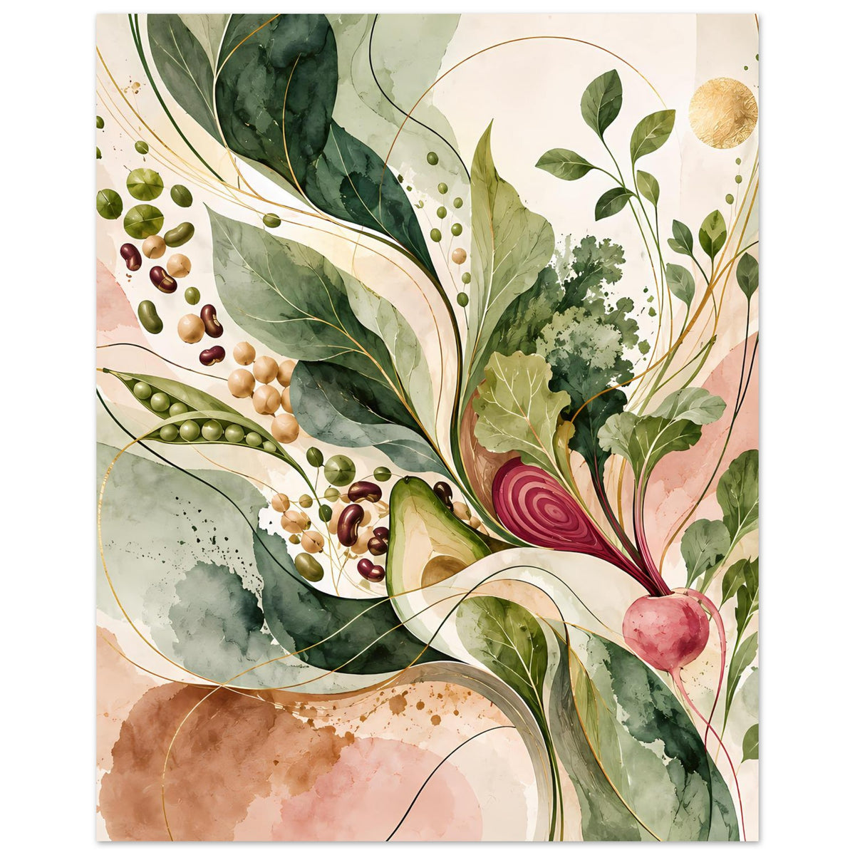 Naturposter mit Detailmotiv: grüne Blätter, goldene Kugeln, rote Rettichknolle und Kreise
