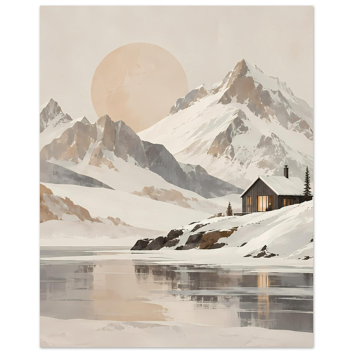 Berglandschafts-Poster in gedeckten Neutraltönen mit Bergmassiv, Hütte und ruhigem Wasser