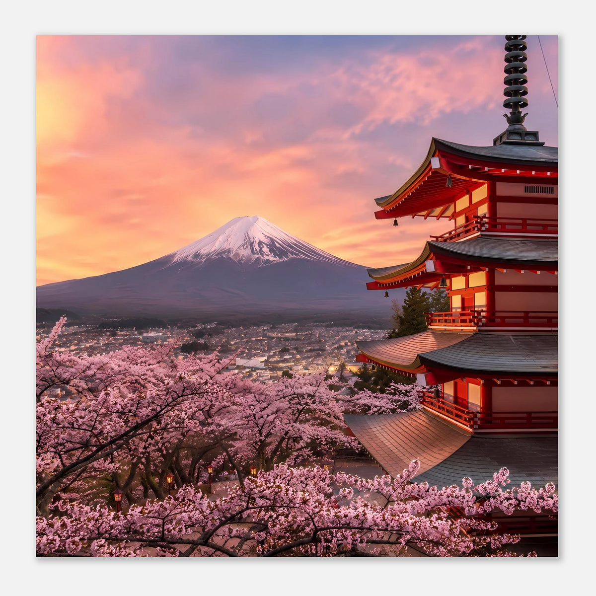 Premium Poster im Nahbereich: Mount Fuji, Kirschblüten und roter Tempel rechts