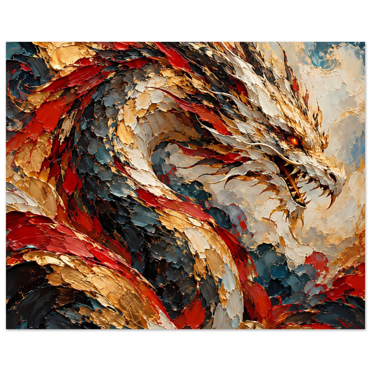 Fantasy-Poster mit Drachenkopf, scharfe Schuppenmuster in Rot, Gold, Weiß und Blau
