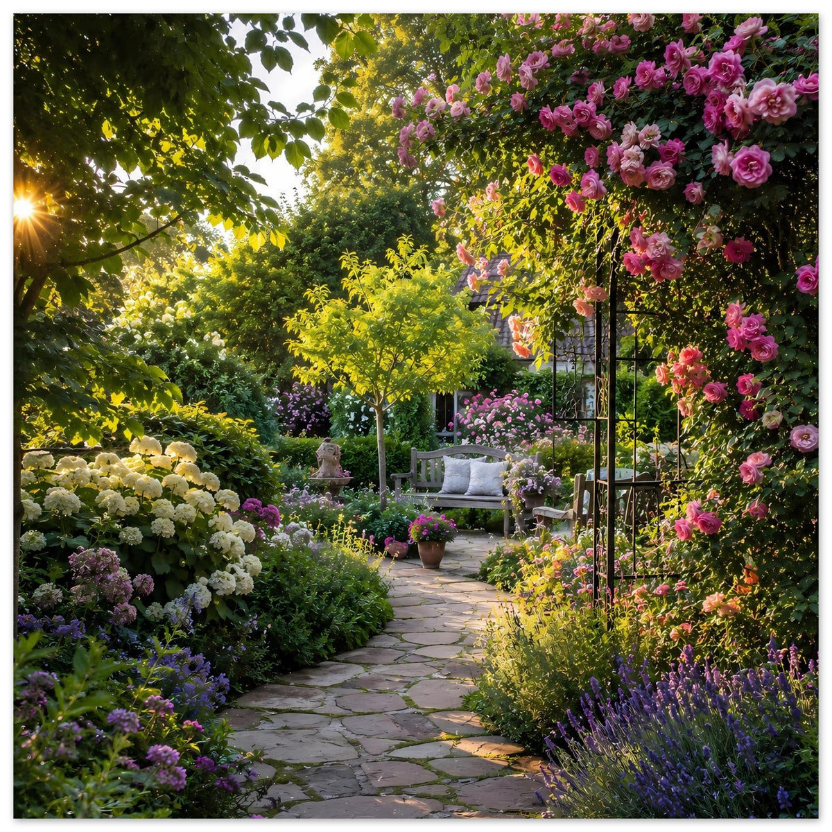 Poster mit Gartenweg, gelbem Blütenbaum und rosa Rosen an rankenden Sträuchern, Hochformat