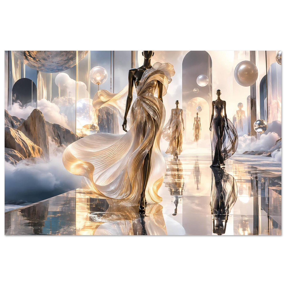 Etherealer Mode-Poster mit goldener Hauptfigur, weiteren Silhouetten und spiegelnder Fläche, Querformat