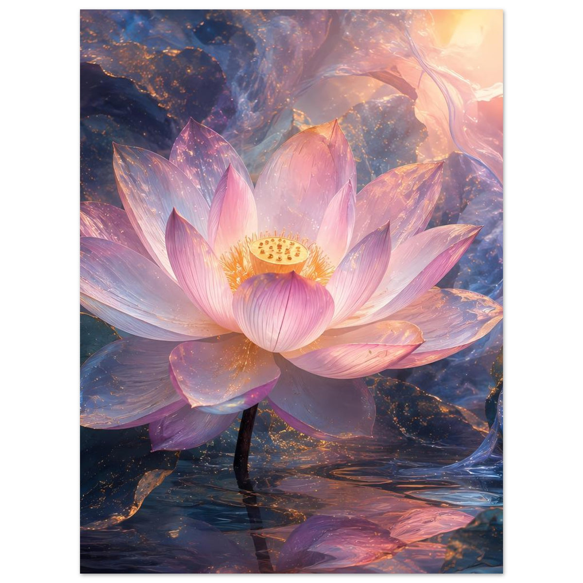 Poster mit Lotosblüte in Pastellrosa und Blau, goldener Blütenmitte