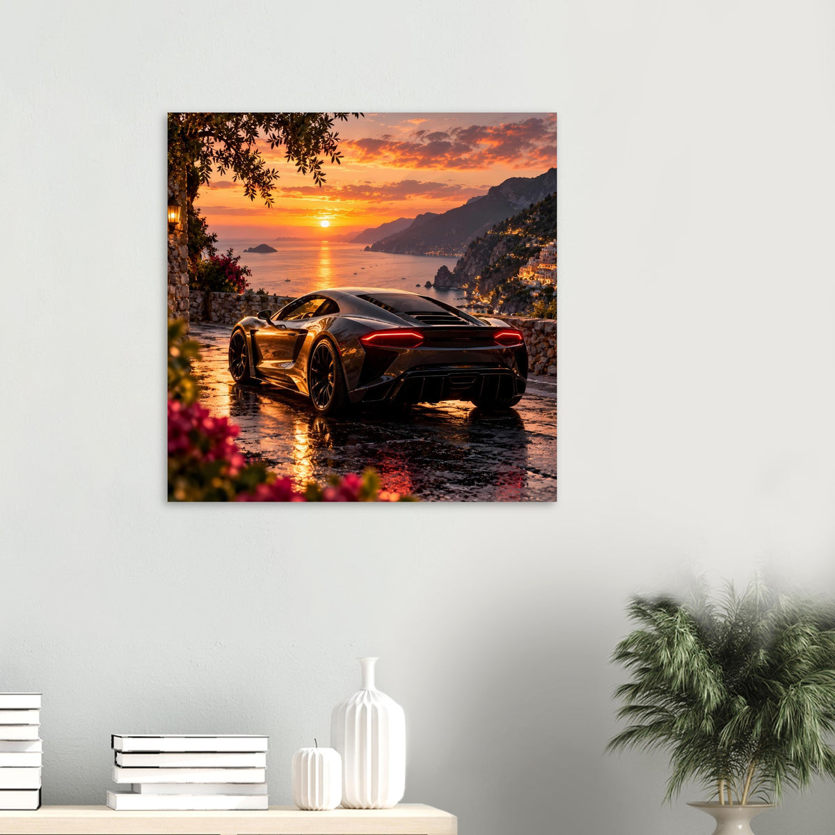 Kunstdruck Poster mit goldenem Sportwagen bei Sonnenuntergang, quadratischer Rahmen