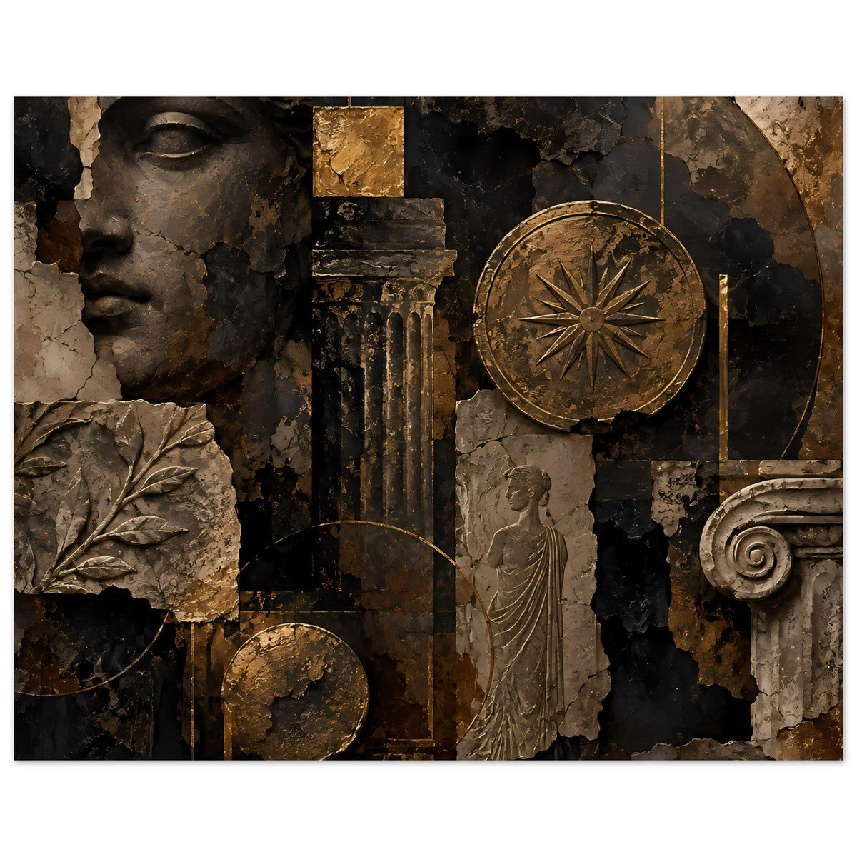 Wandposter mit antiker Reliefgrafik: Statue mittig, bronzene Kreisscheibe, Säulen und Ornament