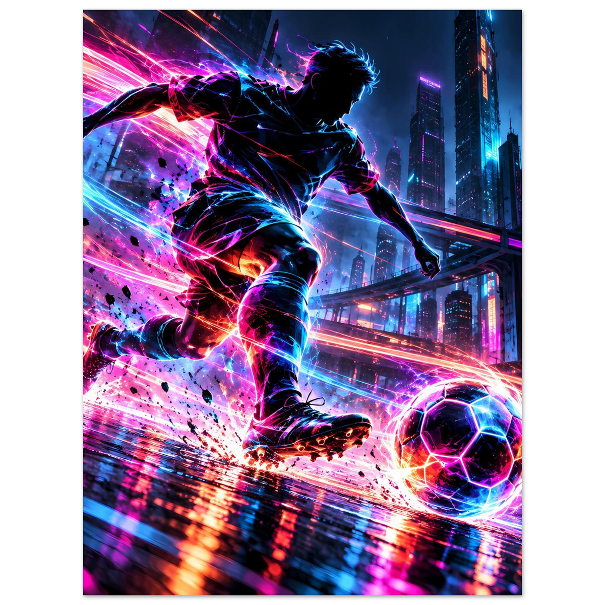 Neon-Fußball-Actionposter mit Fußballspieler in Bewegung, Lichtbahnen und Ball