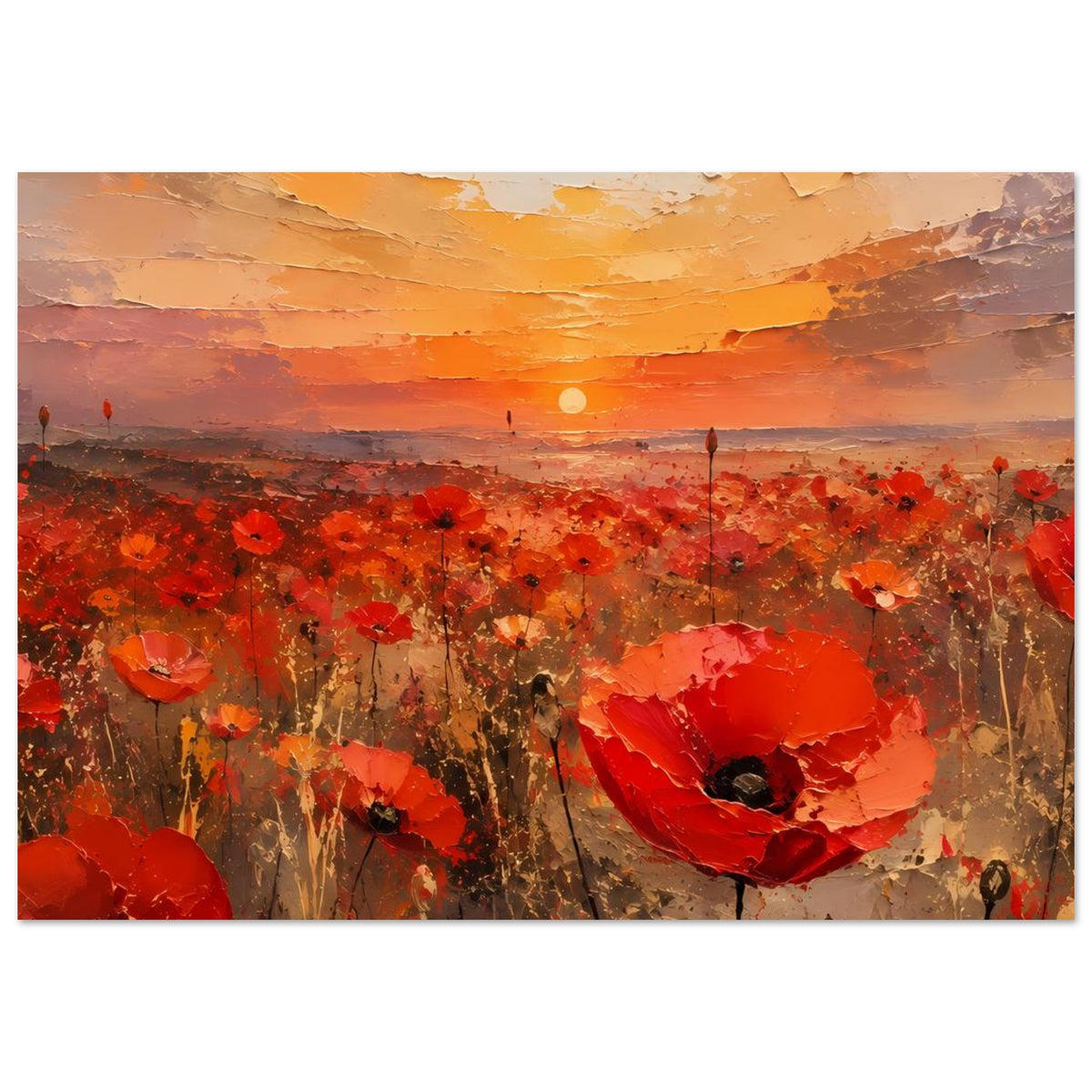 Poster mit rotem Mohn und gold-orangen Sonnenuntergang, kräftige Pinselstruktur im Bild