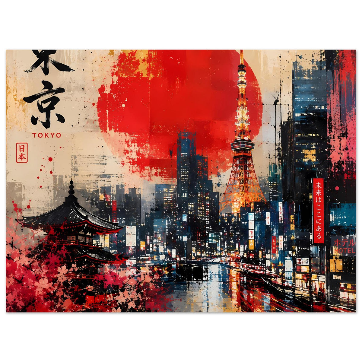 Abstraktes Poster im Querformat: roter Himmel, Tokyo Tower, Stadtlichter und Tempel im Vordergrund