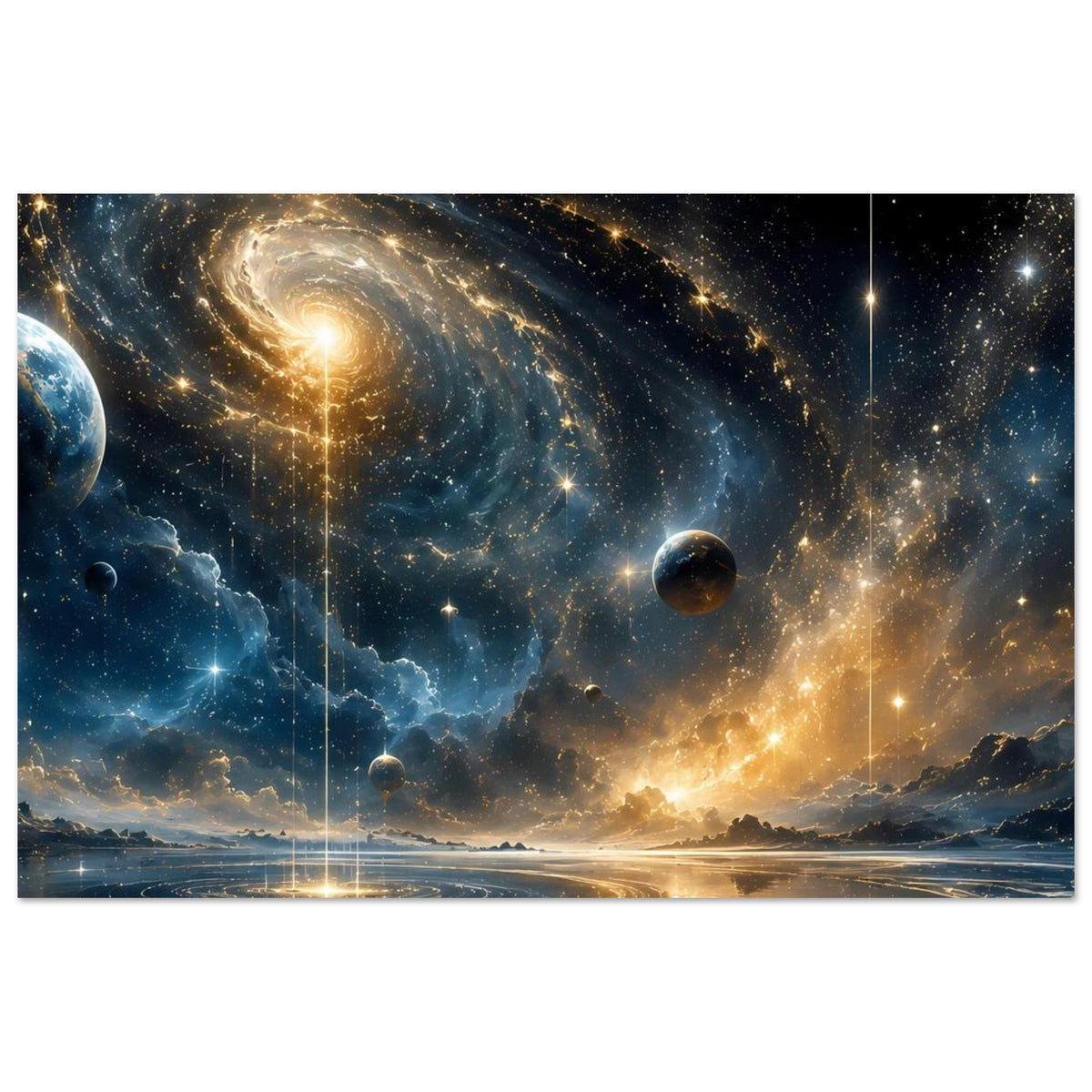Querformatiges Poster mit leuchtender Spiralgalaxie, Sternen, Planeten und Nebelwolken