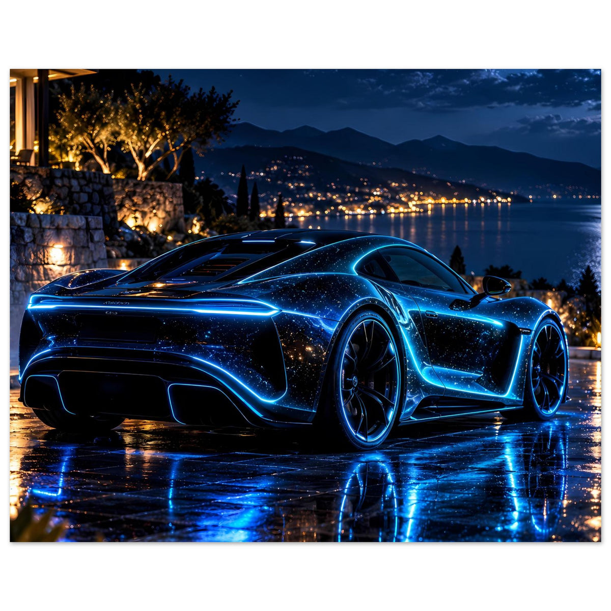 Poster, horizontal: futuristischer blauer Sportwagen mit Leuchtakzenten und Spiegelbild