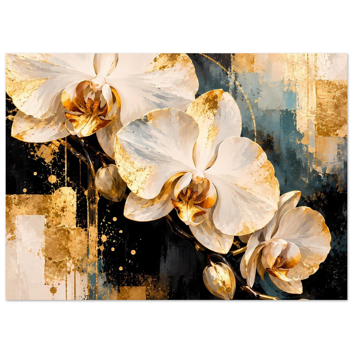 Poster mit weißen Orchideenblüten und goldenen Akzenten, klare Blüten im Fokus