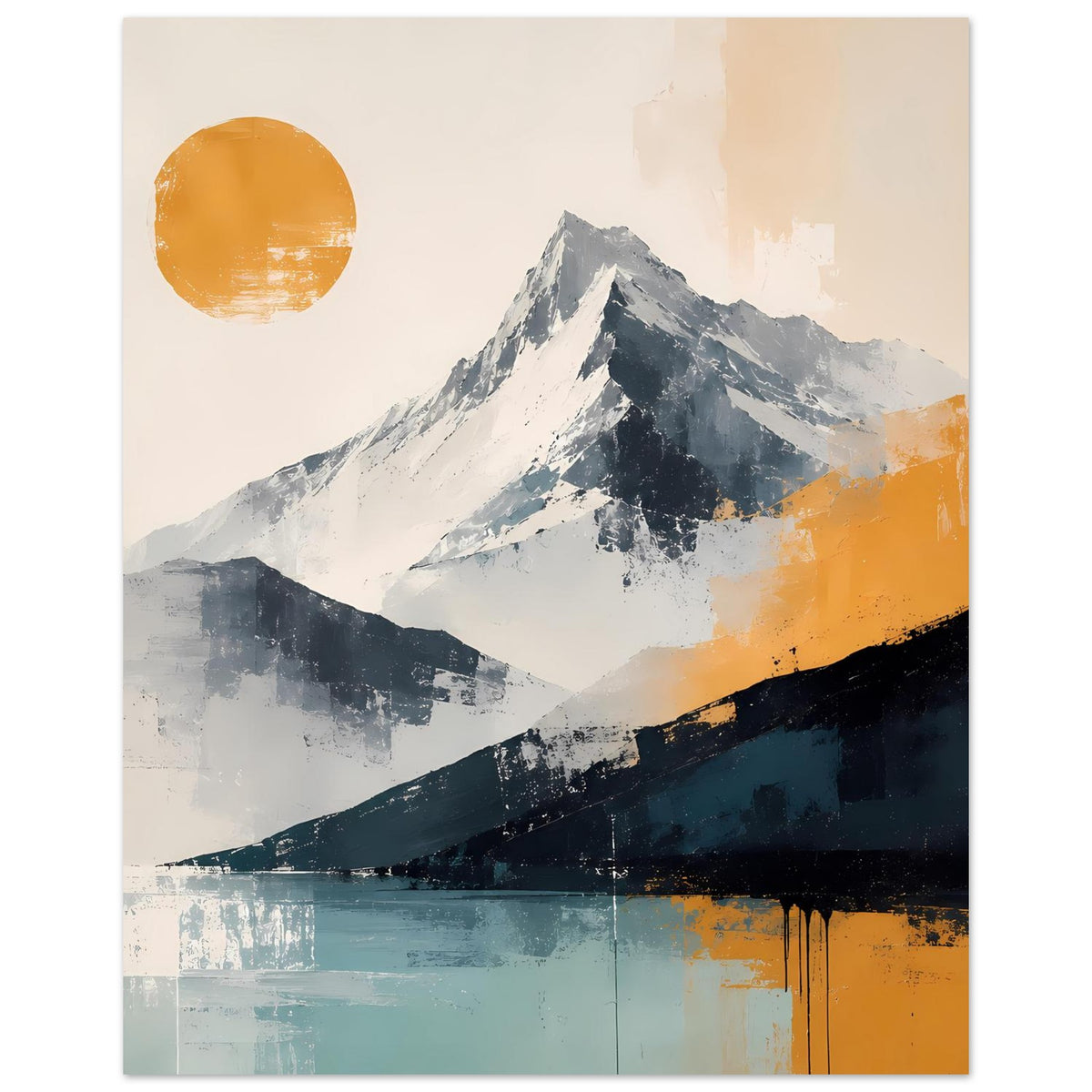 Hochformat-Poster mit abstrakter Berglandschaft: orangefarbener Sonnenkreis, blaue und graue Gipfel, teal unten.