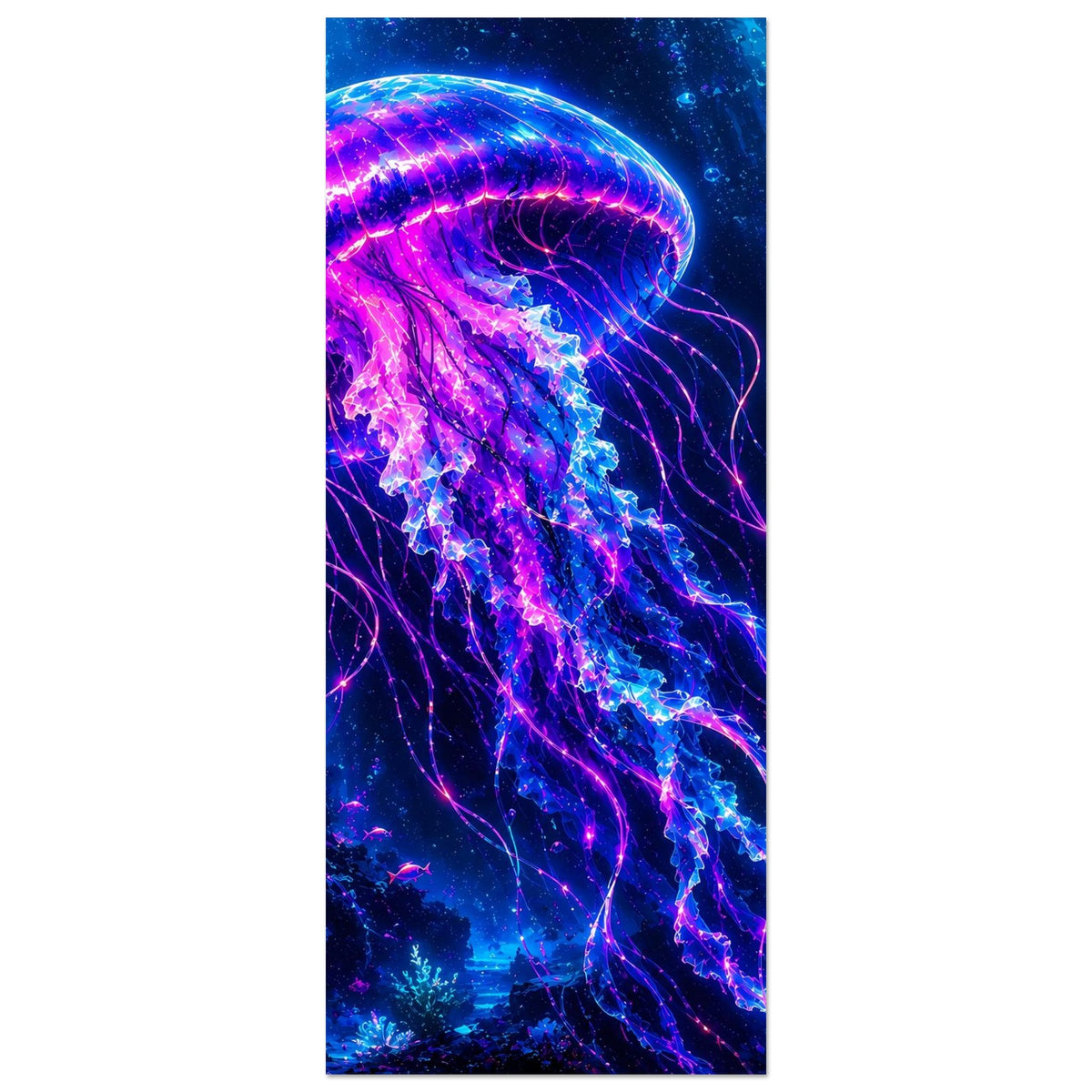 Leuchtende Qualle im Hochformat mit violett-blauen Lichttentakeln