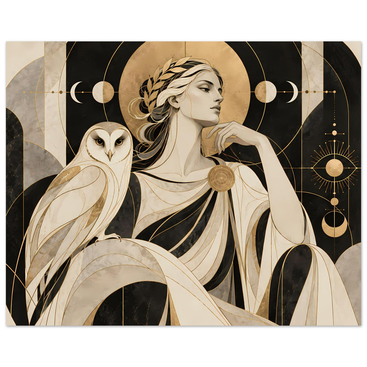 Kunstposter im Querformat: Frau mit Eule, goldener Kopfkranz, Kreise und Sterne