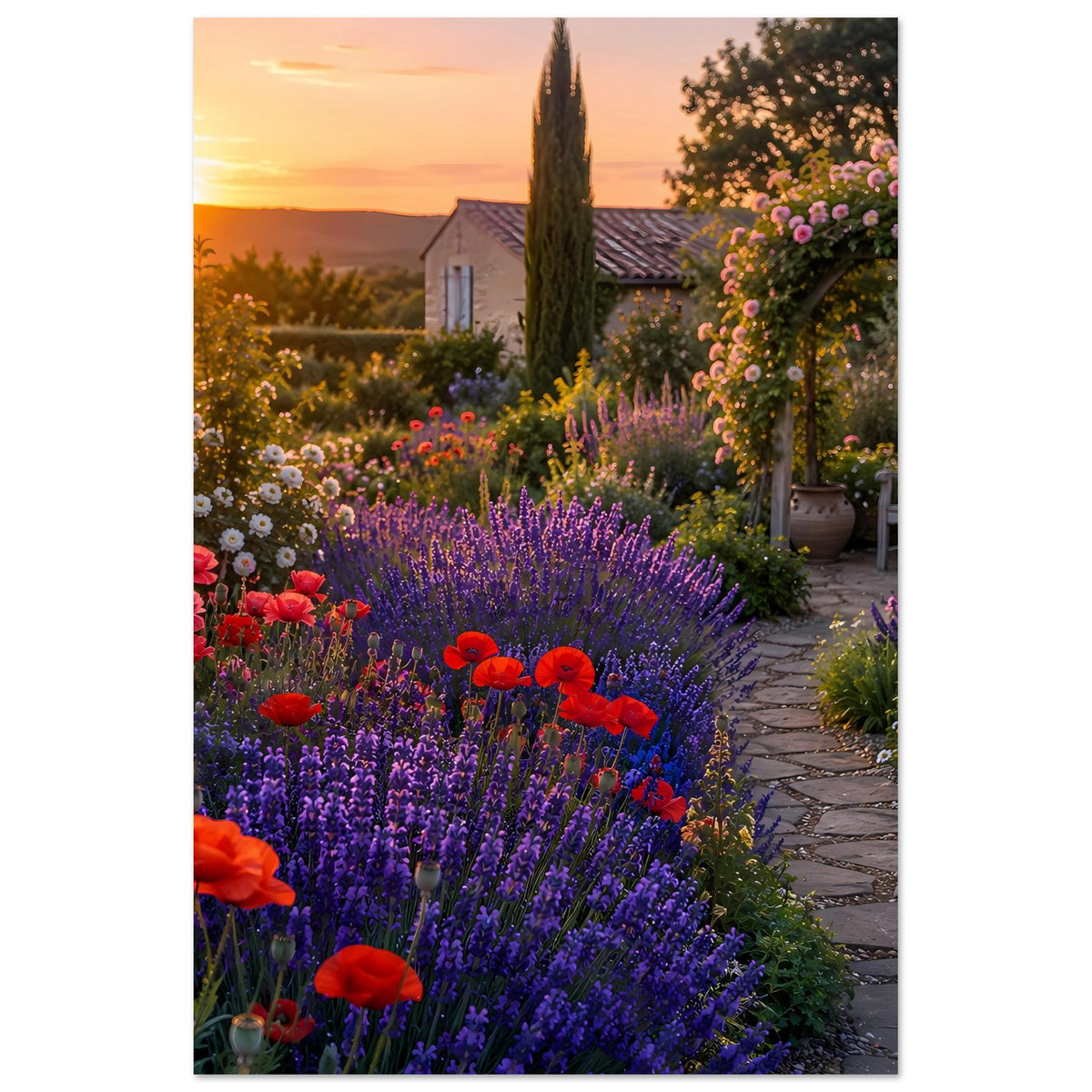 Gartenposter mit Sonnenuntergang, violetten Lavendelblüten, roten Mohnblumen und Gartenweg