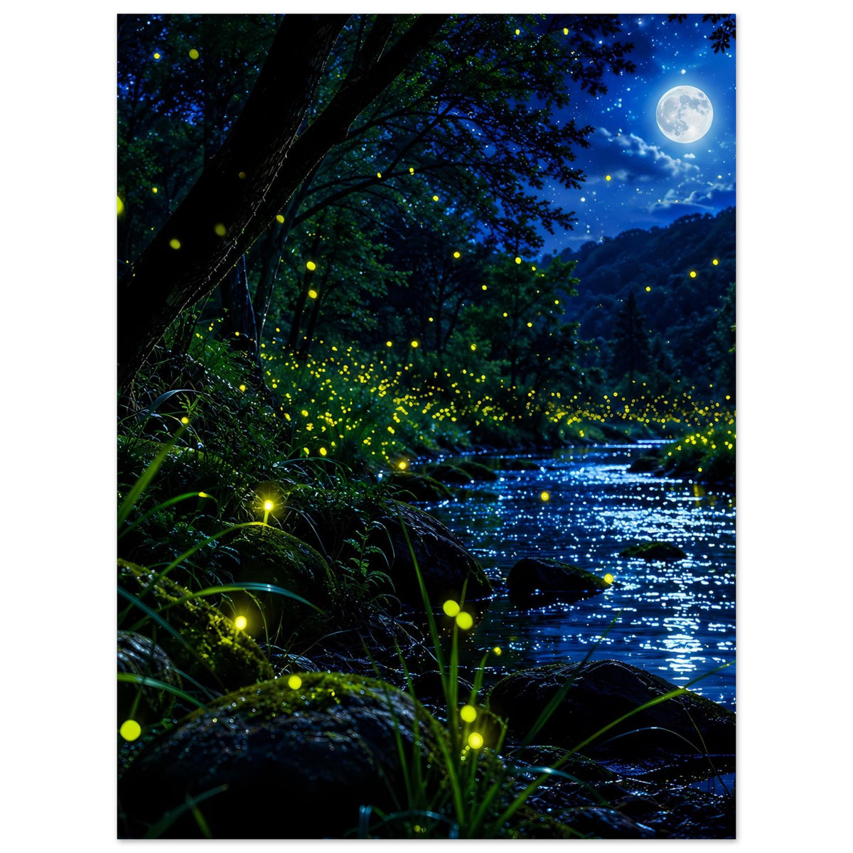 Wandposter im Hochformat: nächtlicher Wald mit leuchtenden Glühwürmchen am Fluss und Mond