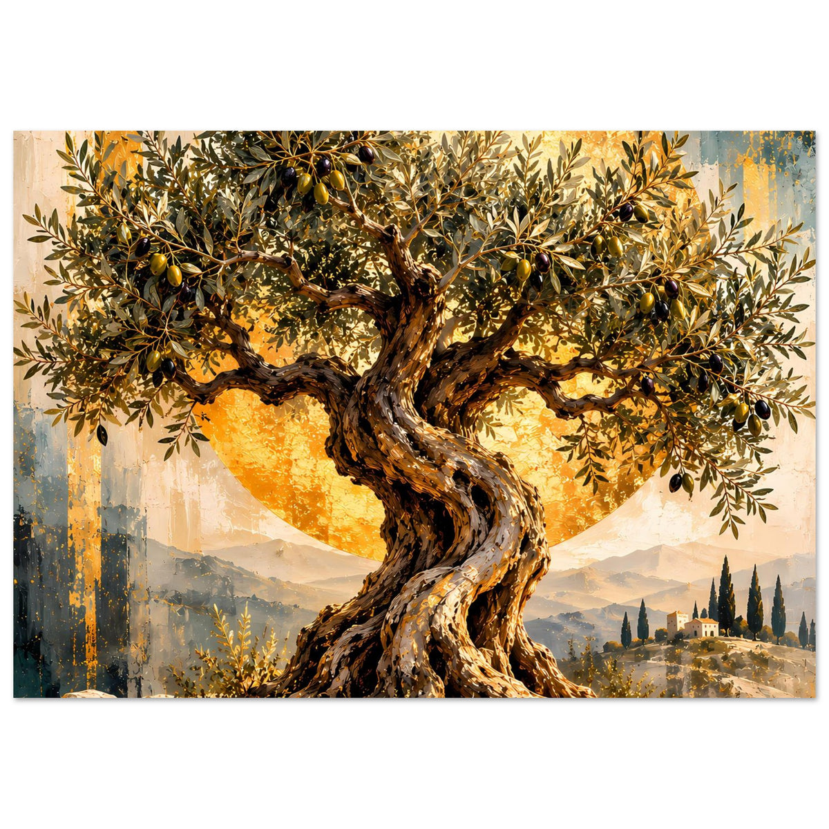 Querformat-Poster: goldener Olivenbaum mit dunklem, knorrigem Stamm und warmem Lichtkreis