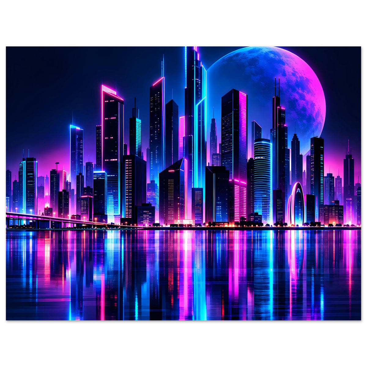 Horizontales Neon-Stadtposter mit Skyline, leuchtenden Farben, großer blauer Mondscheibe und Reflexionen