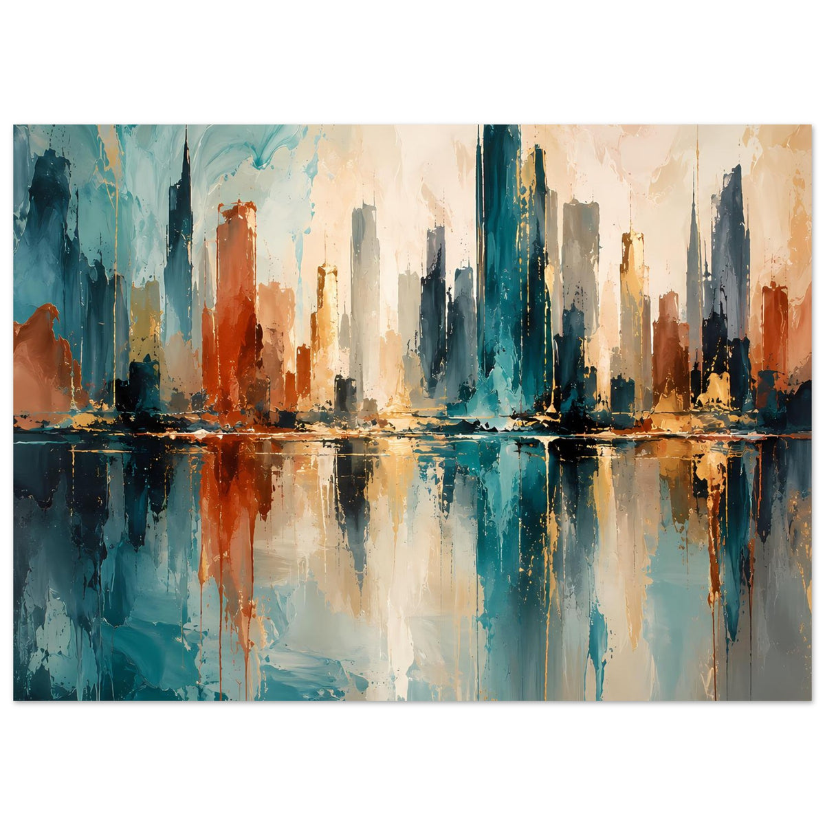 Abstraktes Skyline-Poster mit kräftigen Farbfeldern, Blau/Gold/Rost, im Rahmen