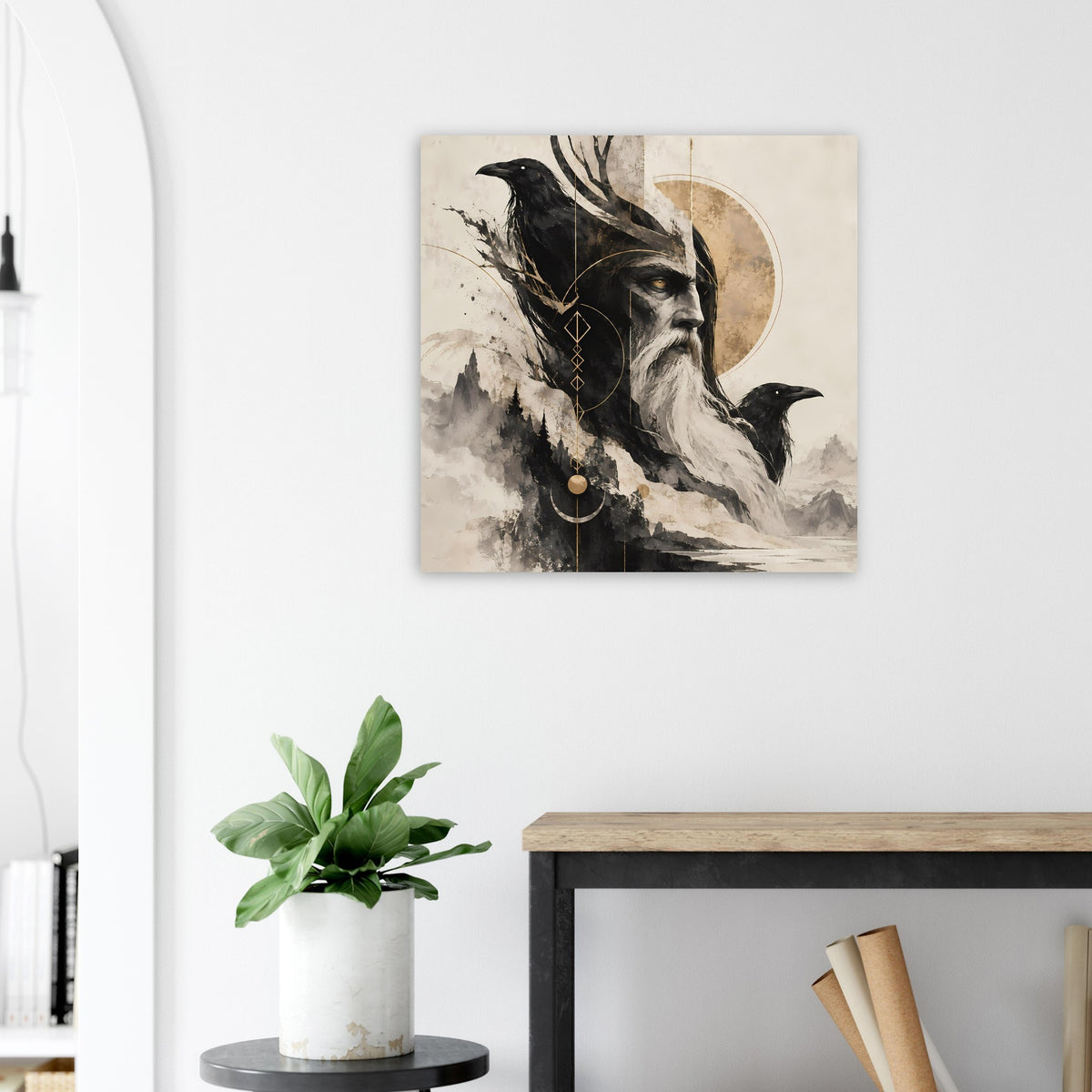 Quadratisches Kunstposter: bärtiger Weiser mit Rabe, Halbmondscheibe und Ornamentlinien