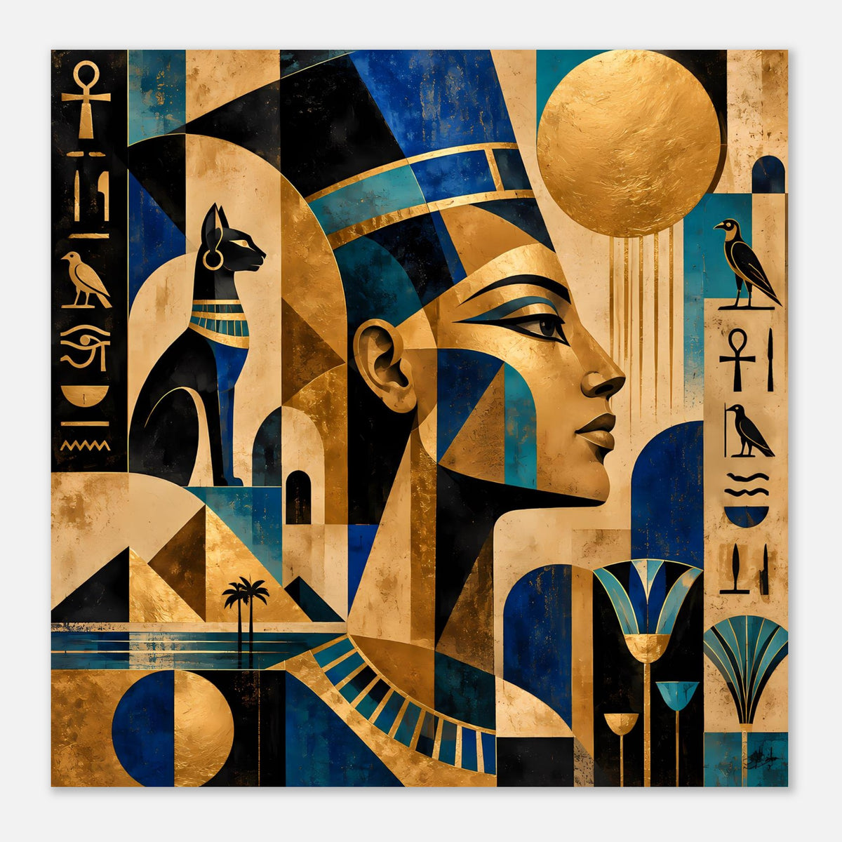 Ägyptisches Poster mit seitlichem Pharaoprofil, Goldkreis, blauen und goldenen Linien.