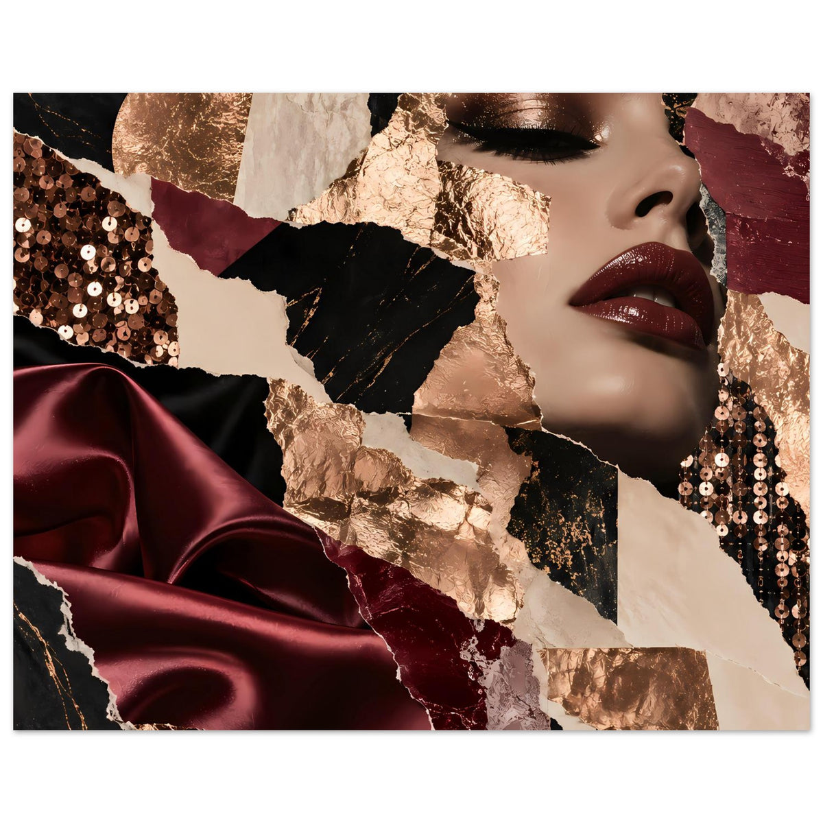 Fashion-Collage-Poster mit Lippen und Goldfolienstreifen über bordeaux Satin