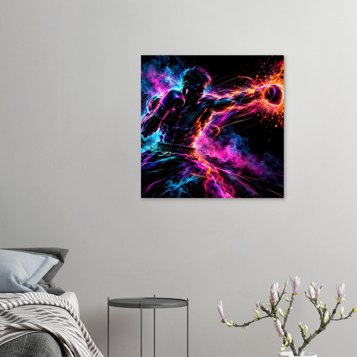 Quadratisches Poster mit Neon-Boxer-Motiv, dynamische Farbspuren in Blau, Pink und Orange