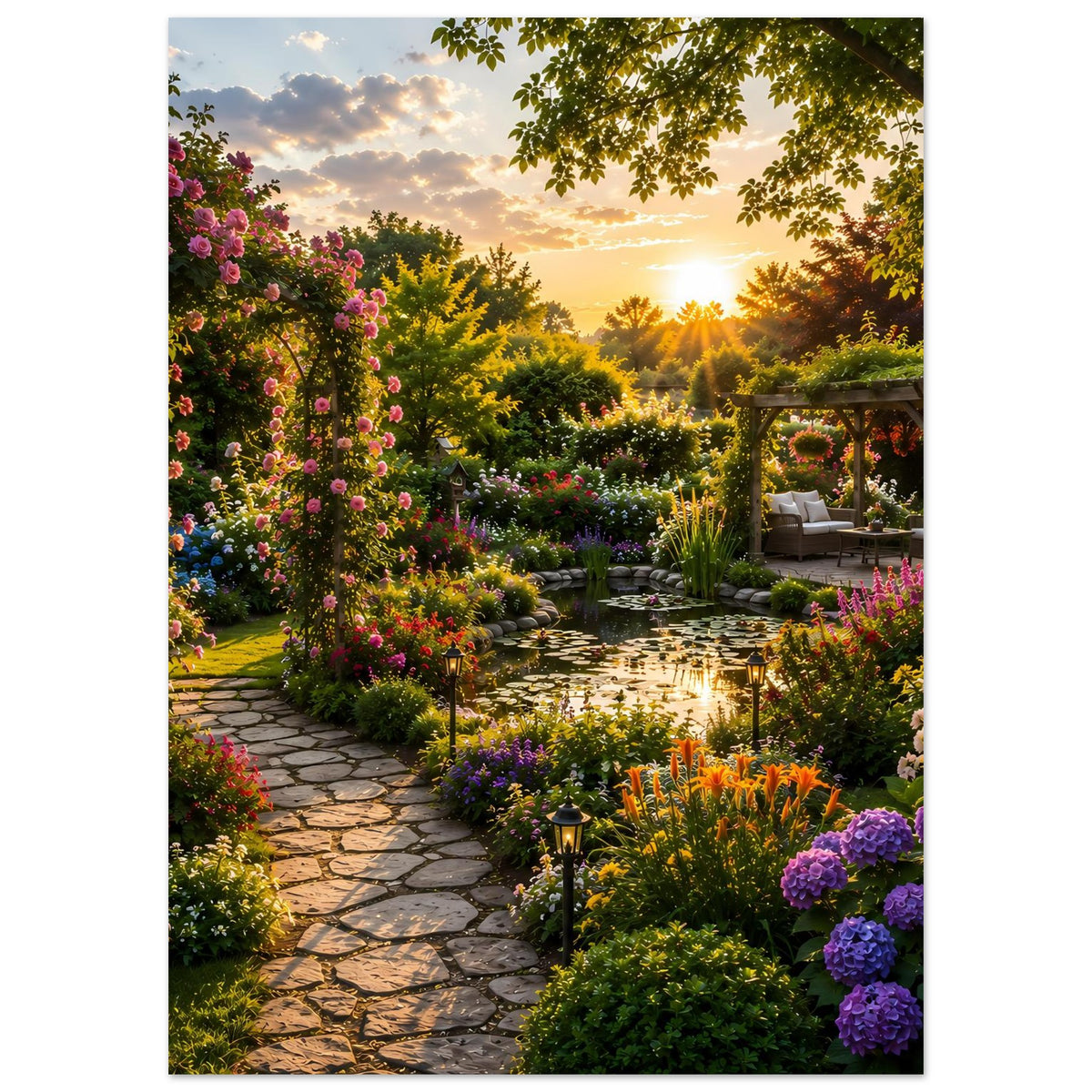 Poster mit Gartenmotiv, vertikal: blühende Hecken, Steinweg und Sonnenlicht durch Bäume