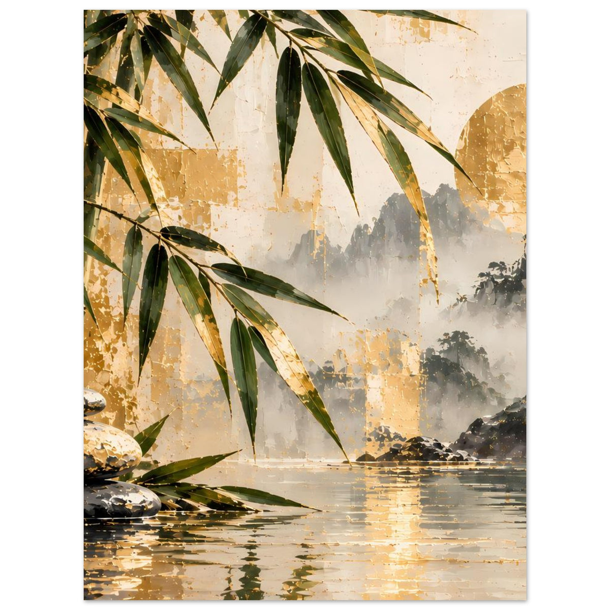 Wandposter mit Bambusblättern, Wasserfall im Nebel und Spiegelung auf ruhigem Wasser, goldfarben