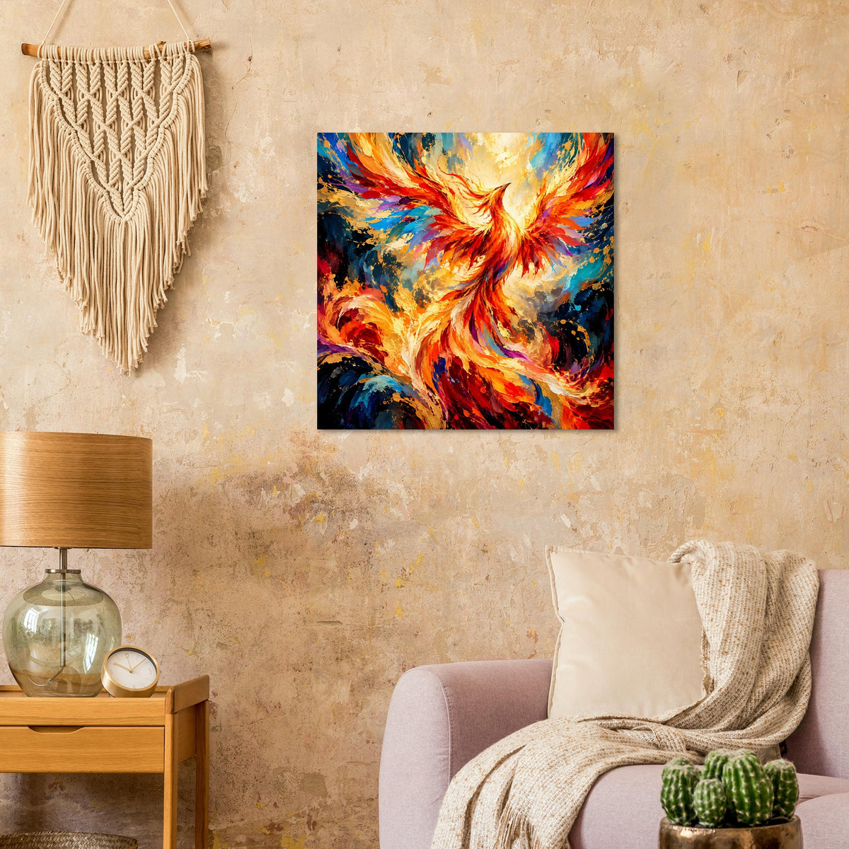 Quadratisches Poster mit leuchtendem Phönix-Motiv in warmen Orange- und Blautönen