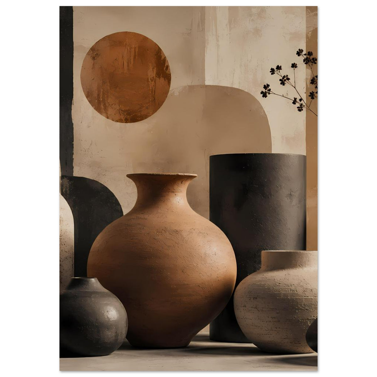 Poster mit Keramikvasen: terrakottafarbene Rundvase, schwarze Vase links und beige Vase rechts