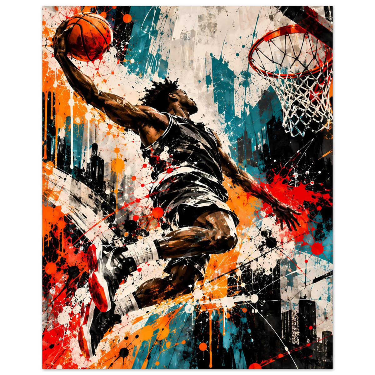 Basketball-Poster mit Splash-Art: Spieler schwingt den Arm, Ball in Szene
