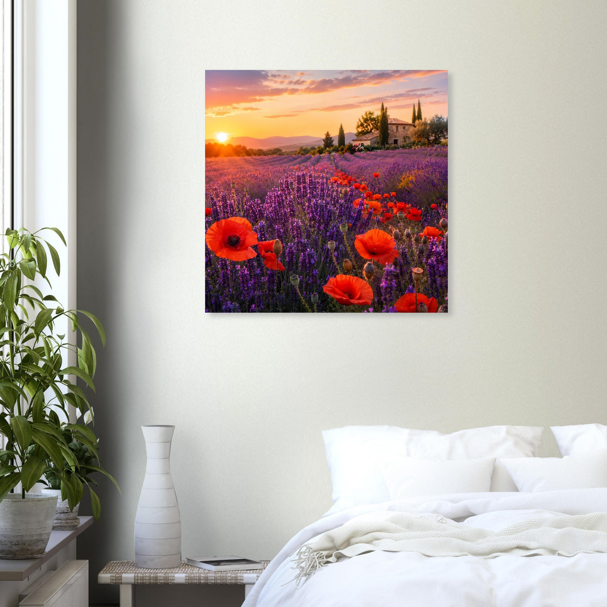 Quadratisches Poster mit Lavendelfeld, roten Mohnblumen und Sonnenuntergang am Landgut